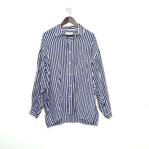 Vintage Blue and White Cabana Stripe 100% Silk Made it Italy Dress Shirt